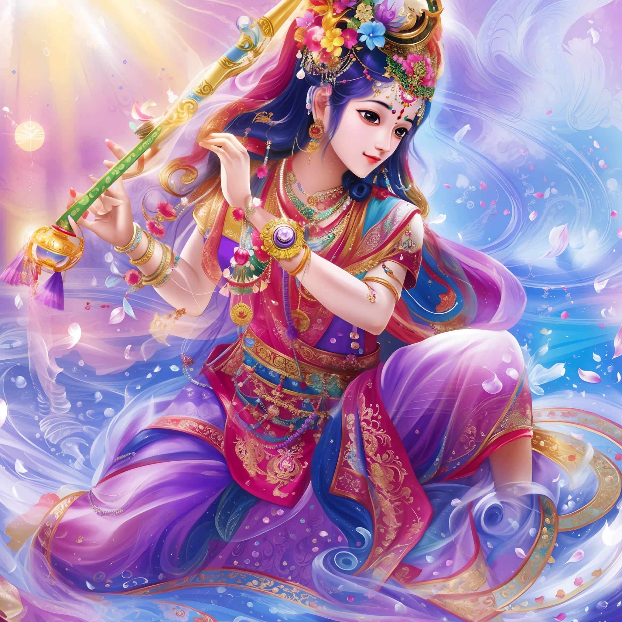 A painting of a woman in a purple outfit holding a flute - SeaArt AI