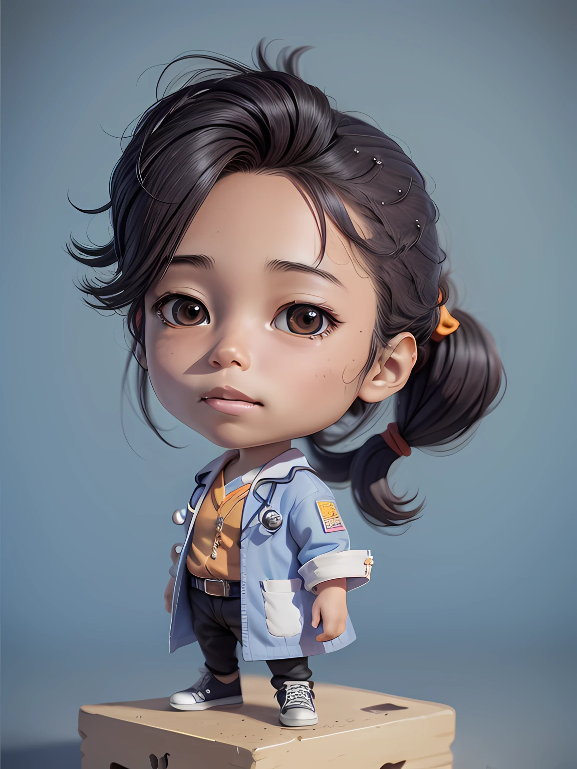 highly detailed 3D render cute kazuhiro1, man, black long hair, ponytail, (facial hair:0.3), realistic chibi, with doctor costume, kids cartoon style, high detailed textures, soft smooth textures, in a hospital soft blue purple color gradient in background