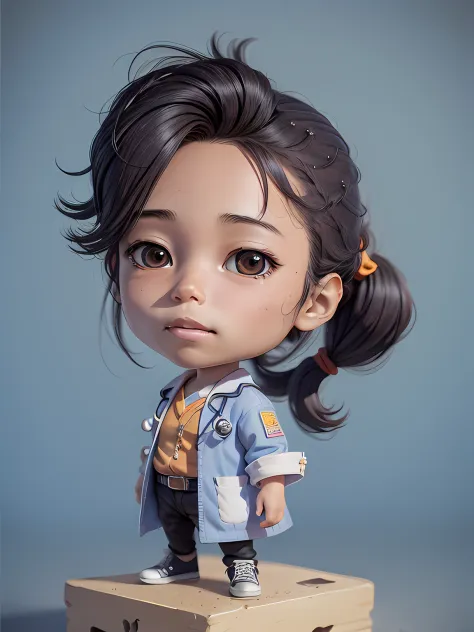 highly detailed 3d render cute kazuhiro1, man, black long hair, ponytail, (facial hair:0.3), realistic chibi, with doctor costum...