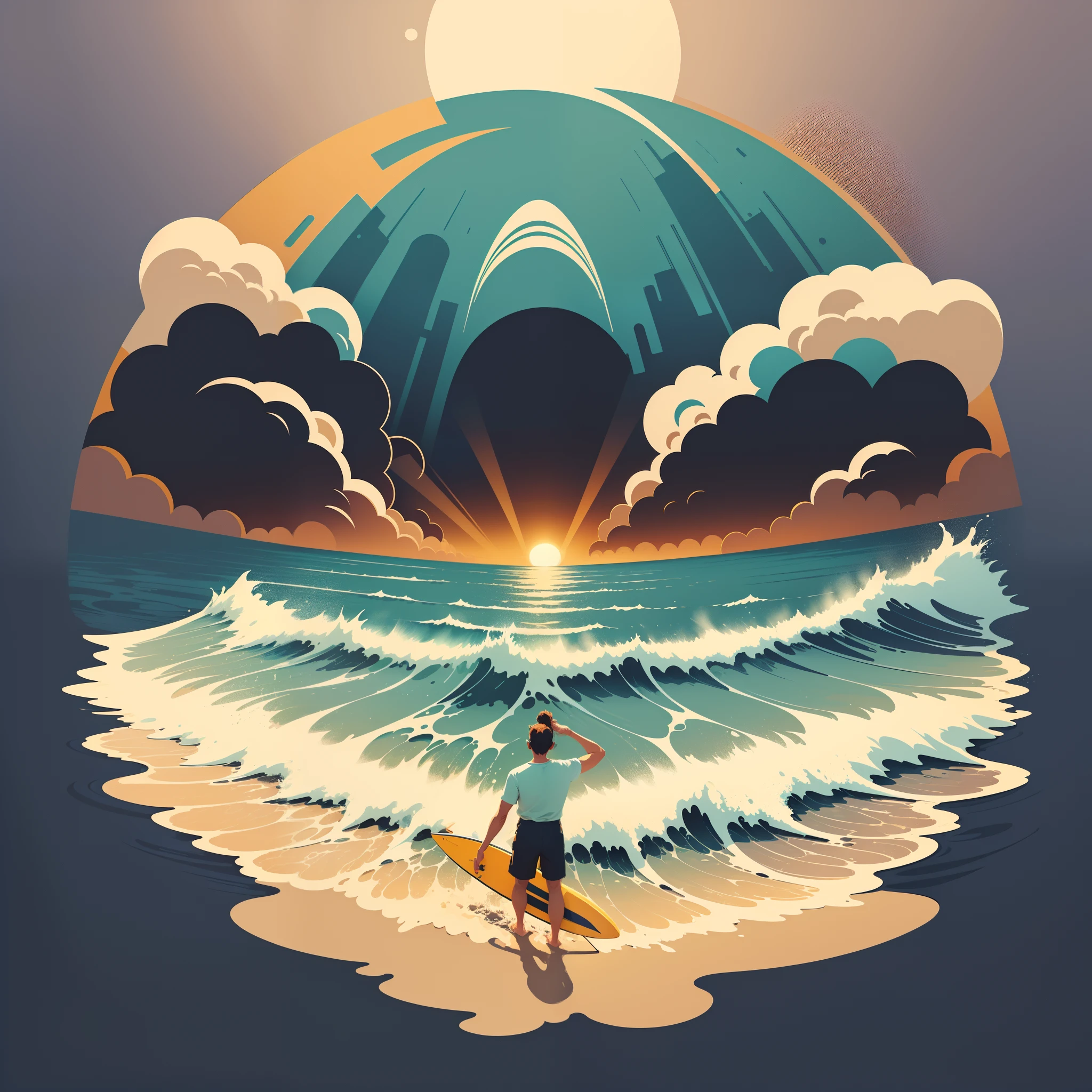 (((flat vector art))), (T-shirt DESIGN), (color), (solid white background), ((ready to print)), (fantasy), ((best quality))), (detailed), Adobe Illustrator, 4K resolution, three mismatched surfboards, sand and sun waves, retro style, panoramic view, isometric style, retro aesthetic, character-focused