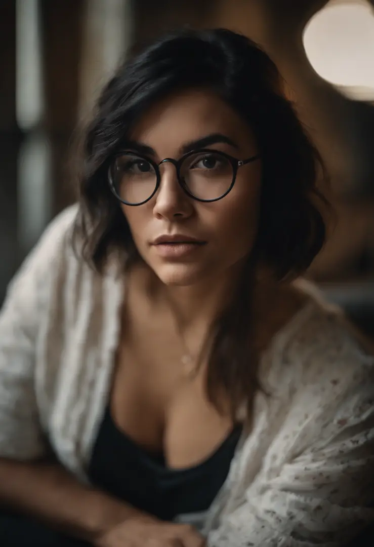 girl with round glasses, wearing a oversized crop top shirt and tights, with short, messy black hair that is neck length, and slightly large breasts