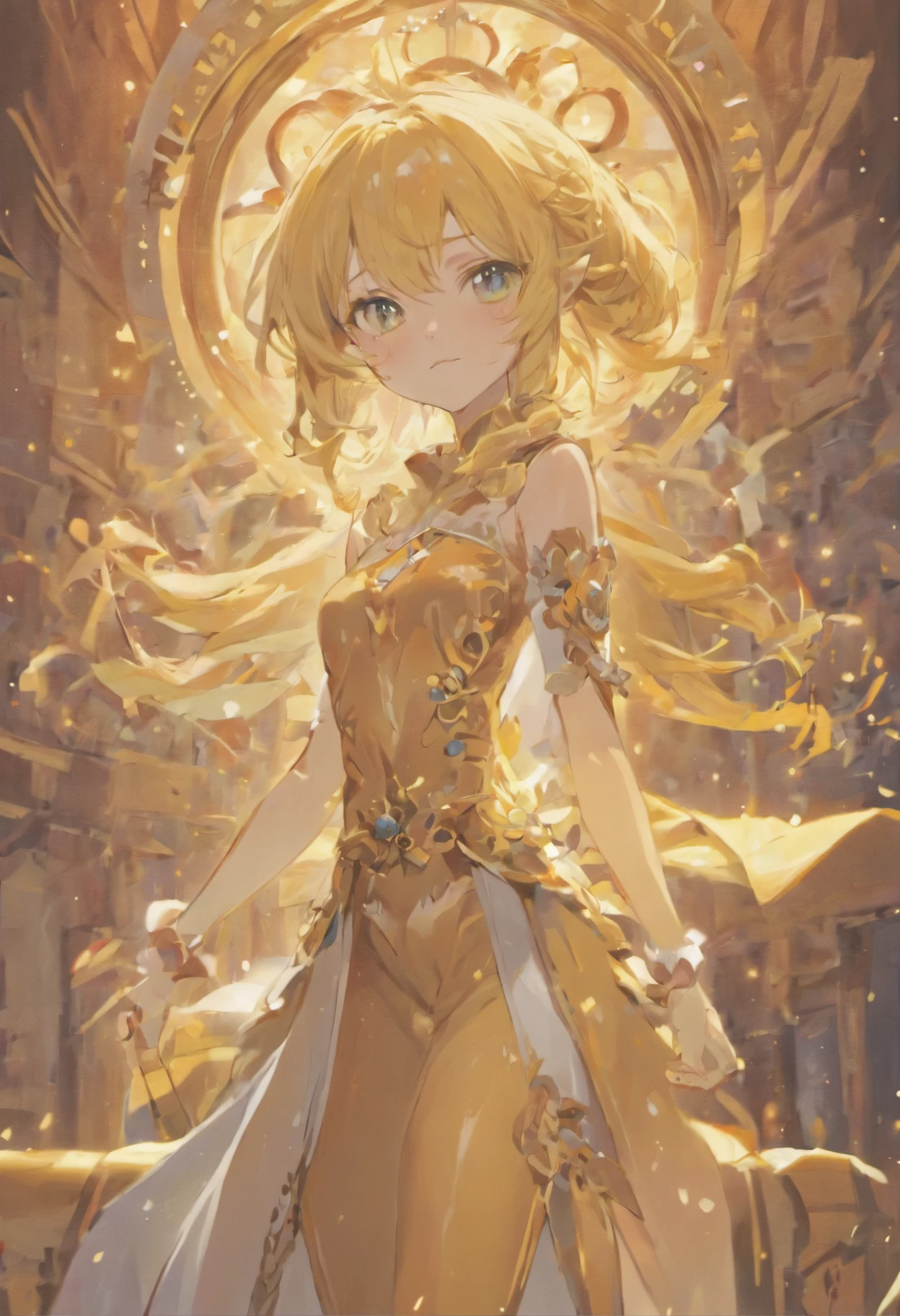 A woman in a golden dress standing in front of a building - SeaArt AI