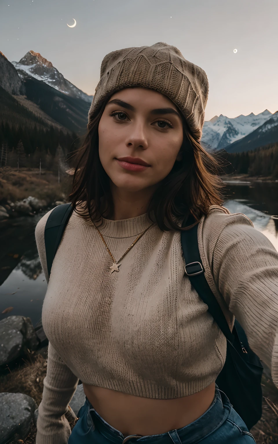 1 woman ((upper body selfie, happy)), masterpiece, best quality, ultra-detailed, solo, outdoors, (night), mountains, nature, (stars, moon) cheerful, happy, backpack, sleeping bag, camping stove, water bottle, mountain boots, gloves, sweater, hat, flashlight, forest, rocks, river, wood, smoke, shadows, contrast, clear sky, analog style (look at viewer:1.2) (skin texture) (film grain:1.3), (warm hue, warm tone:1.2), close up, cinematic light, sidelighting, ultra high res, best shadow, RAW, upper body, wearing pullover