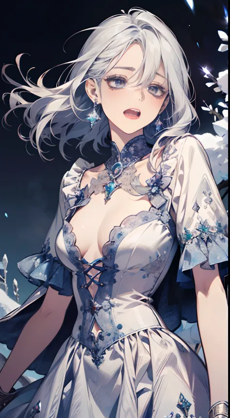 masterpiece, best quality, ultra-detailed, high Res, 1girl, solo, SFW, silver hair, hime cut, silver eyelashes, ice crystals earrings, silver headband, Wear a dress that opens in the middle of the chest, ice crystals, sad, (open eyes:1/2), (lonely:1/2), (o...