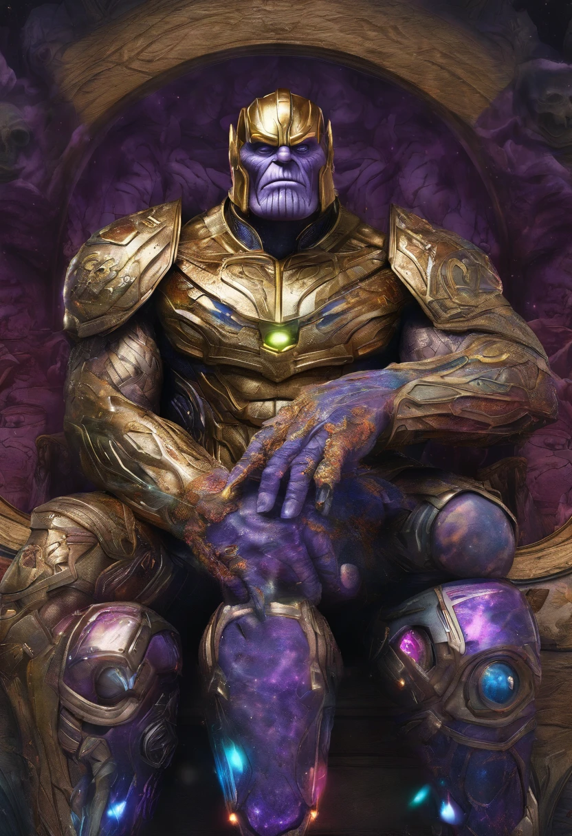 Thanos sit on a throne with glowing lights on his feet - SeaArt AI