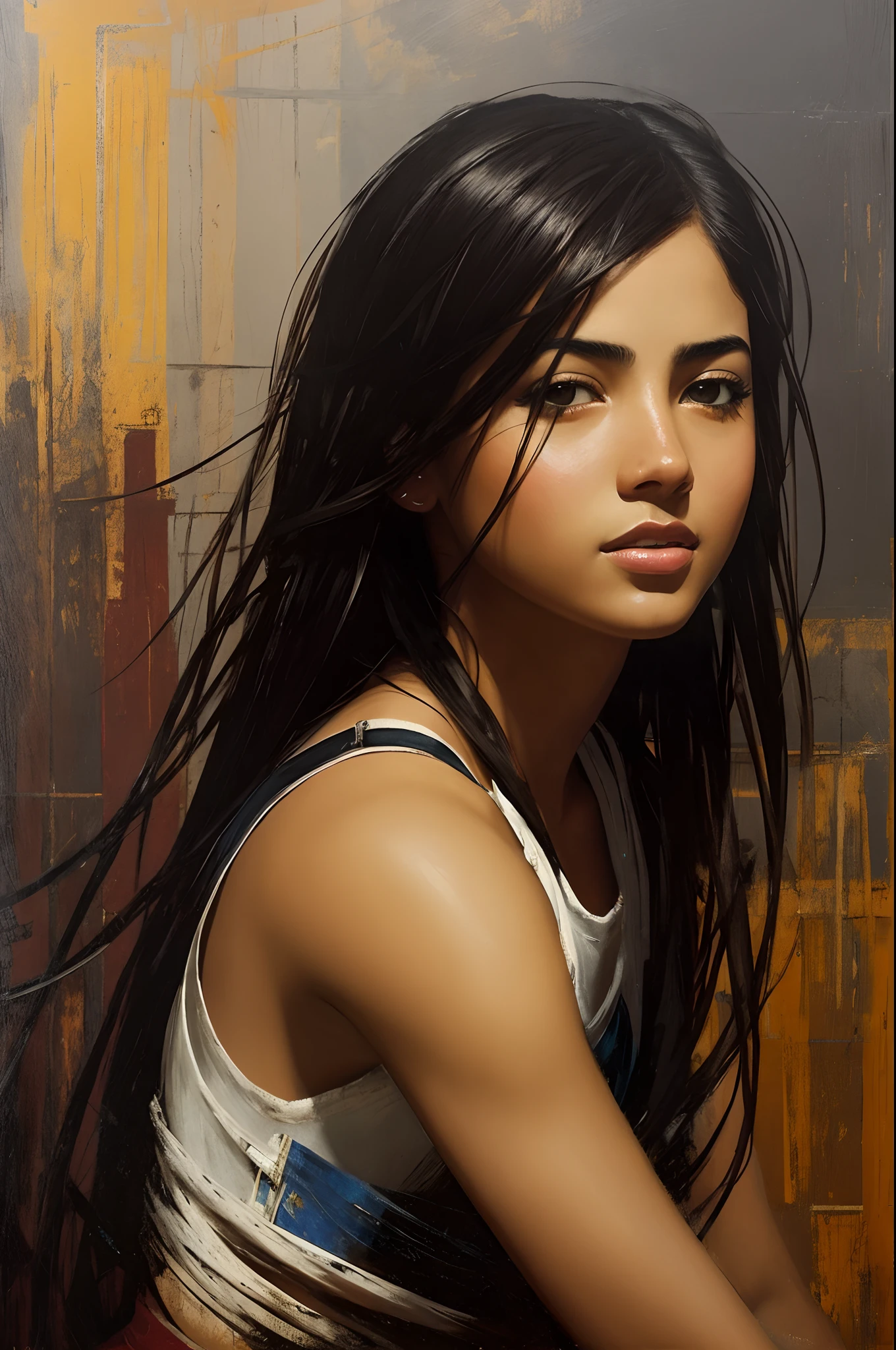 high-quality detailed image of a beautiful girl: (mestizo: facial features, Hindu: 0.2 : Egyptian: 0.3 : darna: 0.25 : selena quintanilla perez: 0.25) : pale skin, ((asymmetrical haircut)), high face detail : realistic : in T-shirt and shorts, (oil painting:0.75), (screensaver:0.75),(teal:0.2),(orange:0.2), (jeremy mann:0.5), (john constable:0.1), (yuri arkus:0.5),(acrylic paint:0.75), 8k