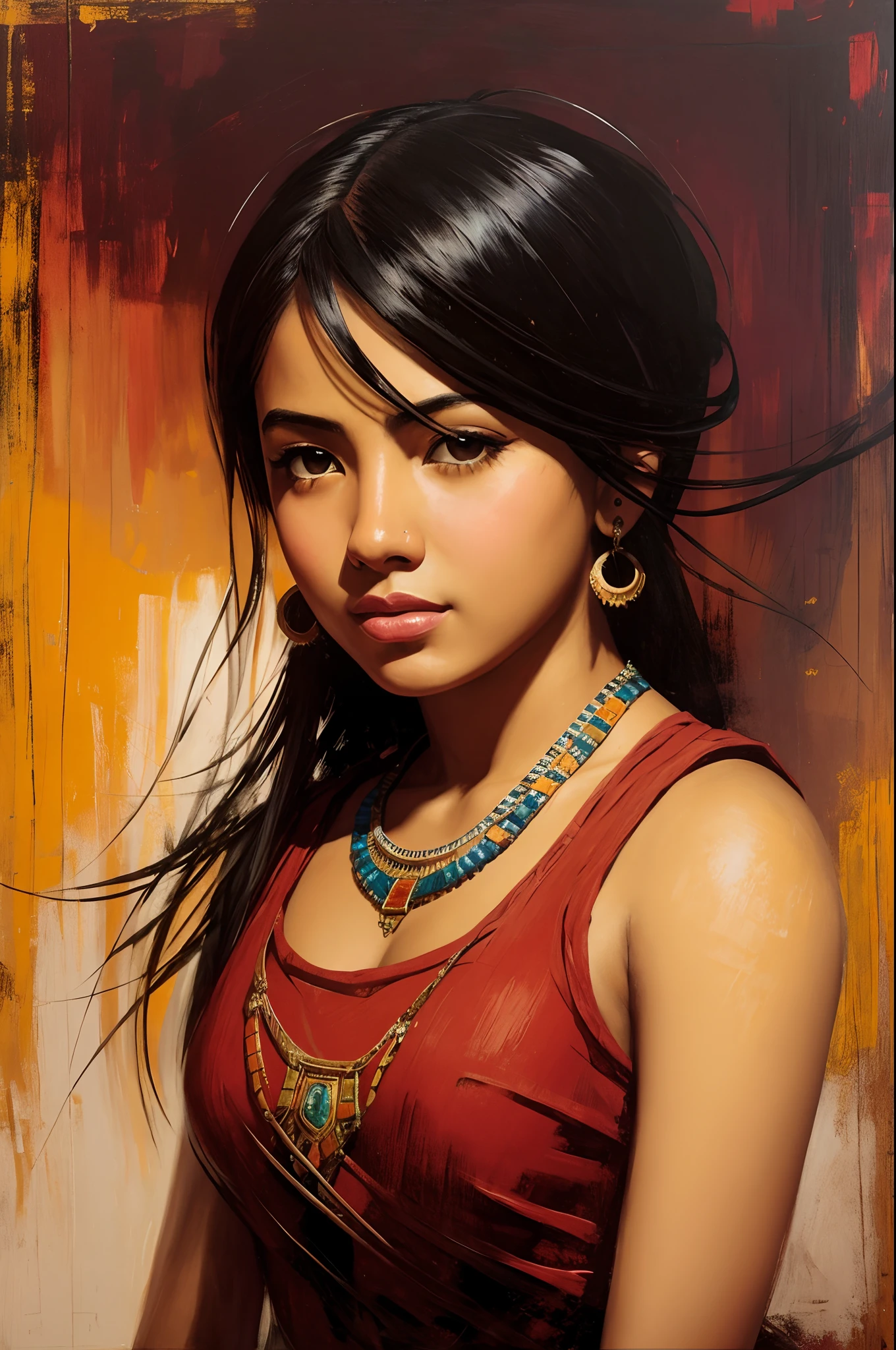 high-quality detailed image of a beautiful girl: (mestizo: facial features, Hindu: 0.2 : Egyptian: 0.3 : darna: 0.25 : selena quintanilla perez: 0.25) : pale skin, ((asymmetrical haircut)), high face detail : realistic : in T-shirt and shorts, (oil painting:0.75), (screensaver:0.75),(teal:0.2),(orange:0.2), (jeremy mann:0.5), (john constable:0.1), (yuri arkus:0.5),(acrylic paint:0.75), 8k