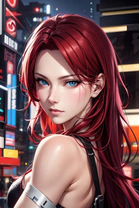 a woman with red hair and blue eyes standing in front of a building, anime style 4 k, anime style. 8k, realistic anime artstyle, digital anime art, kda, 8k artgerm bokeh, detailed digital anime art, realistic artstyle, anime styled digital art, cyberpunk a...