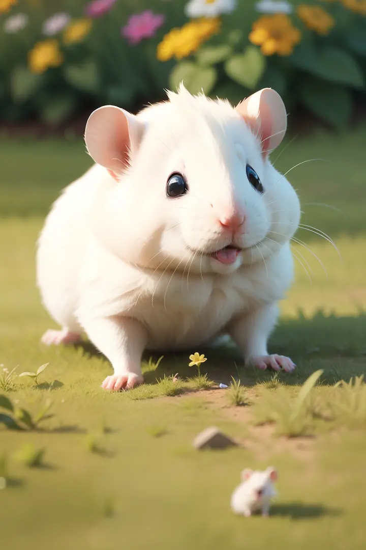 A white hamster playing in the grass