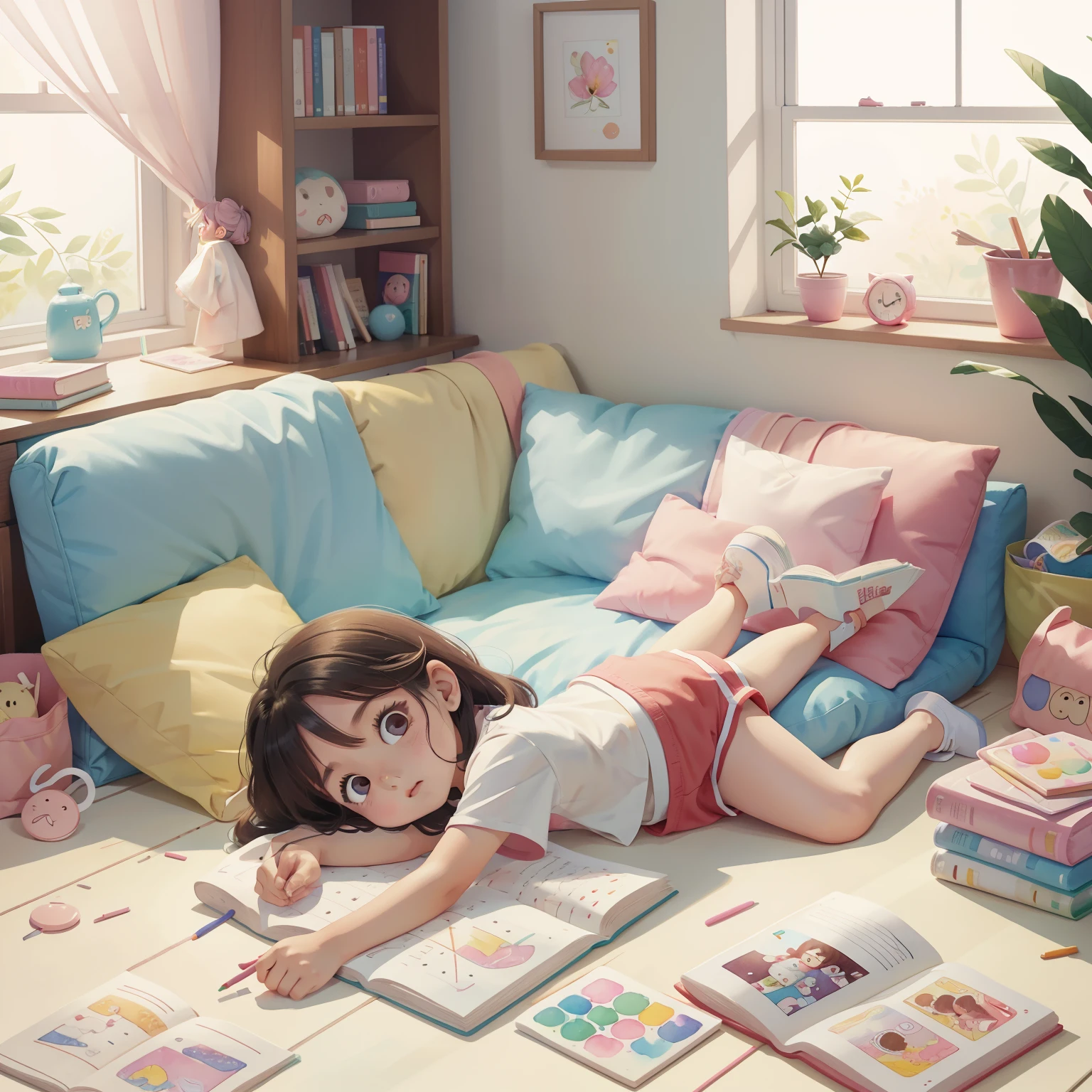 Healing children coloring book illustration watercolor, in pastel shades ，A little girl。Lazing on the couch。Eyes are confused。There were some books and toys scattered on the ground。The hair is messy。Wearing a white T-shirt。The lower body is wearing red shorts。