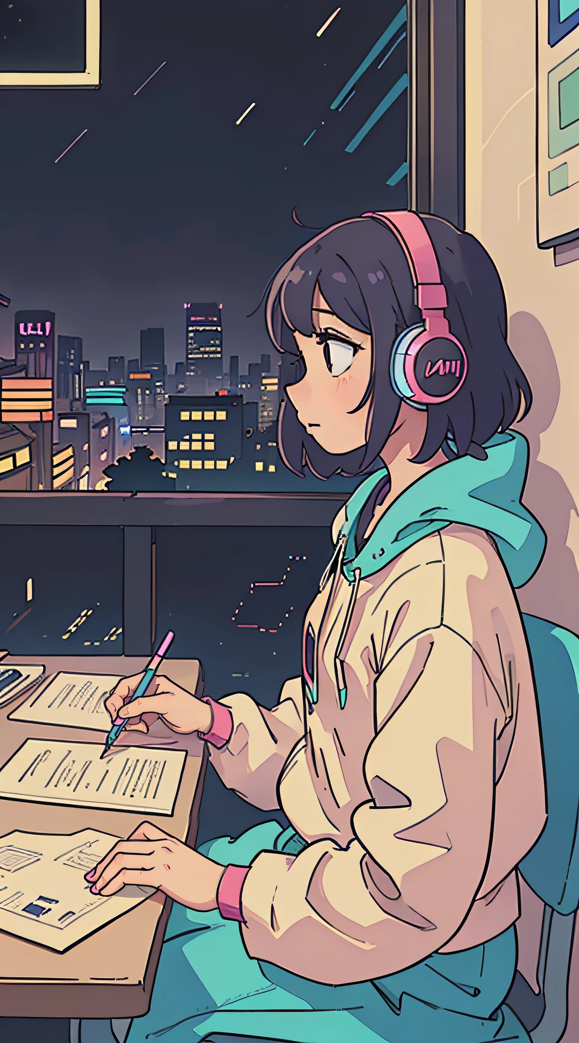 (lofi), Girl studying diligently on the table, profile, Put on the headphones, Night light, Neon landscape of rainy day from window,Analog Color Theme, Lo-Fi Hip Hop , Flat, 2.5D ,line-drawing, Ink drawing, Large gradients, watercolor paiting, Goosch color, Studio Ghibli style, Awesome colorful, Outturn, Synth Wave, lofi art,90s style,Old textures, amplitude,90s atmosphere, masutepiece, Huge skills