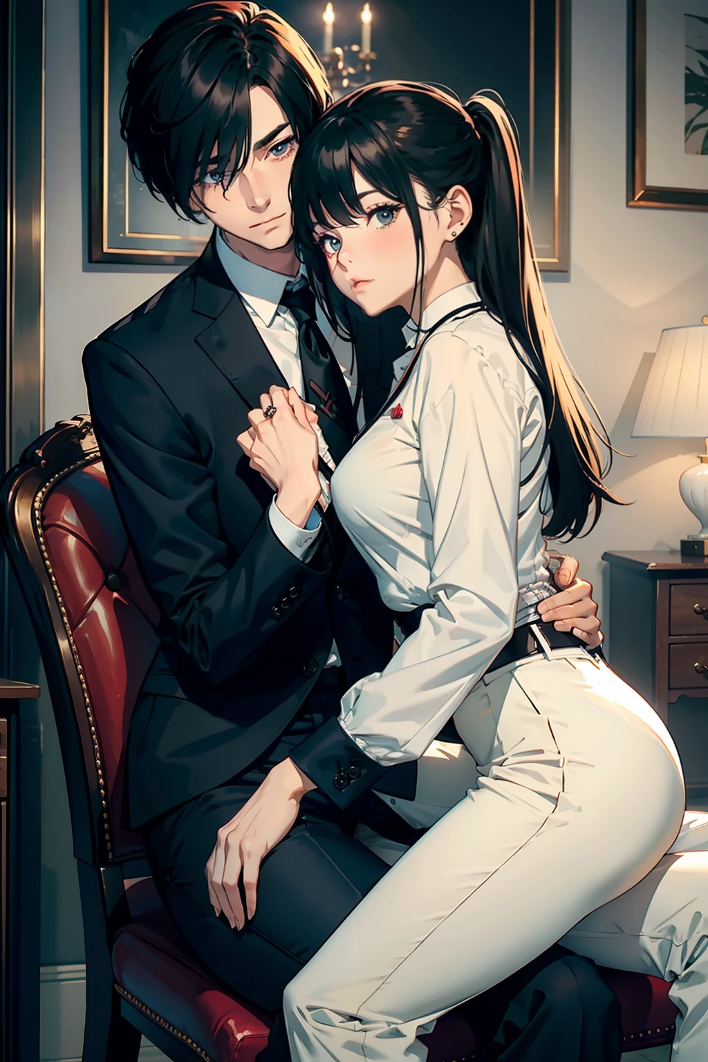 top-quality　​masterpiece　Male and female couples　Girl sitting on a chair wearing a tight skirt over a blouse。Man hugging each other from behind。Man wearing suits long pants uniforms with mash cut hairstyles。Without glasses、Revenge relationship