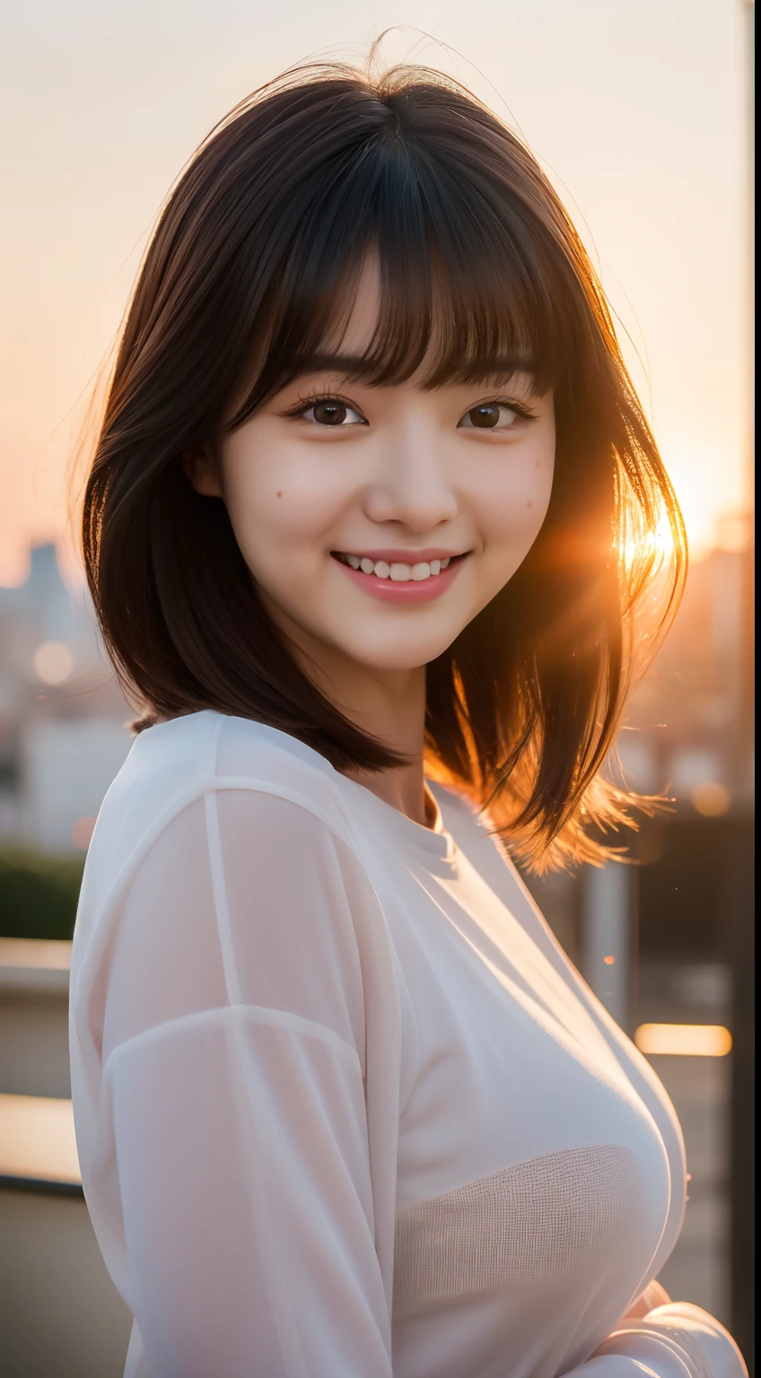 realistic photos of 1 cute Korean star, diagonal bangs, hair flying, white skin, thin makeup, 32 inch breasts size, slightly smile, wearing long sleeves shirt,Tokyo tower is backdrop, sunset light, close-up portrait, UHD