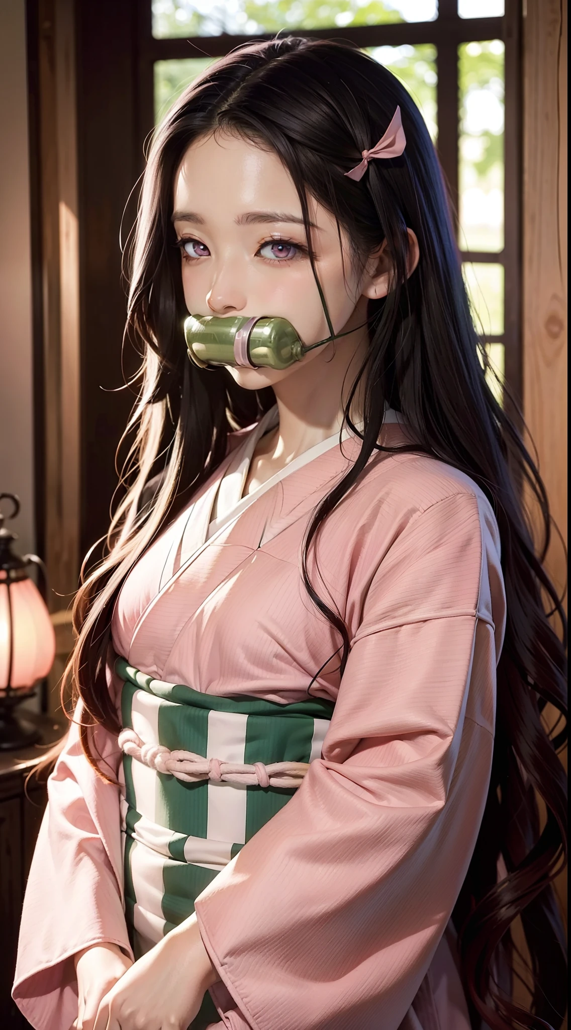 nezukokamado, nezuko kamado, bamboo, (bit gag:1.5), black hair, (forehead:1.5), gag, gagged, hair ribbon, long hair, multicolored hair, (pink eyes:1.5), orange hair, slit pupils, wavy hair, two-tone hair,
BREAK asa no ha (pattern), checkered sash, haori, japanese clothes, kimono, long sleeves, obi, pink kimono, sash, wariza,  wide sleeves,
BREAK looking at viewer,
BREAK indoors,
BREAK (masterpiece:1.2), best quality, high resolution, unity 8k wallpaper, (illustration:0.8), (beautiful detailed eyes:1.6), extremely detailed face, perfect lighting, extremely detailed CG, (perfect hands, perfect anatomy),