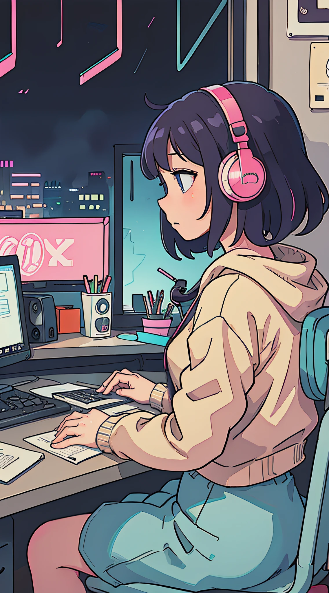(lofi), Girl studying hard at desk,profile, Put on the headphones, Night light, Neon landscape of rainy day from window,Analog Color Theme, Lo-Fi Hip Hop , Flat, 2.5D ,line-drawing, Ink drawing, Large gradients, watercolor paiting, Goosch color, Studio Ghibli style, Awesome colorful, Outturn, Synth Wave, lofi art,90s style,Old textures, amplitude,90s atmosphere, masutepiece, Huge skills
