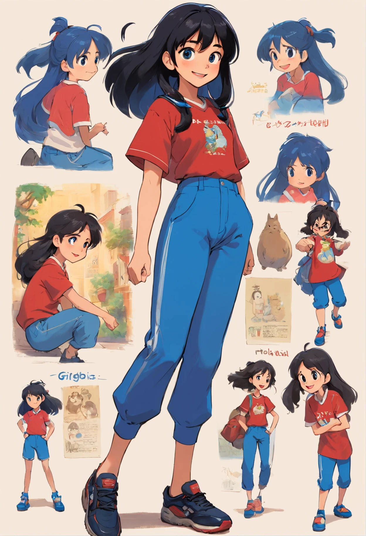 A cartoon picture of a girl with blue hair and a red shirt - SeaArt AI