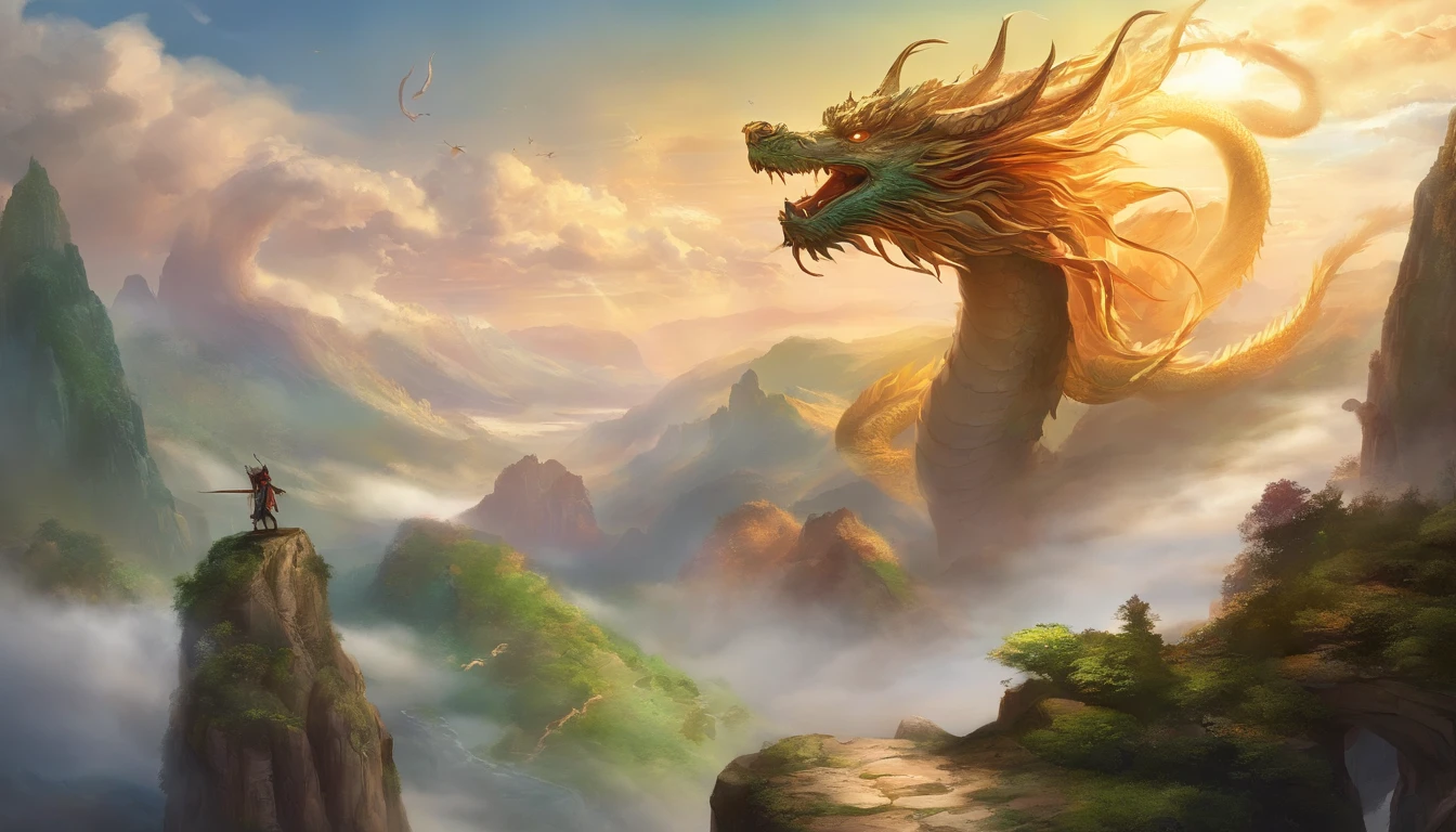 A painting of a CHinese dragon circling between mountains，With dragons ...