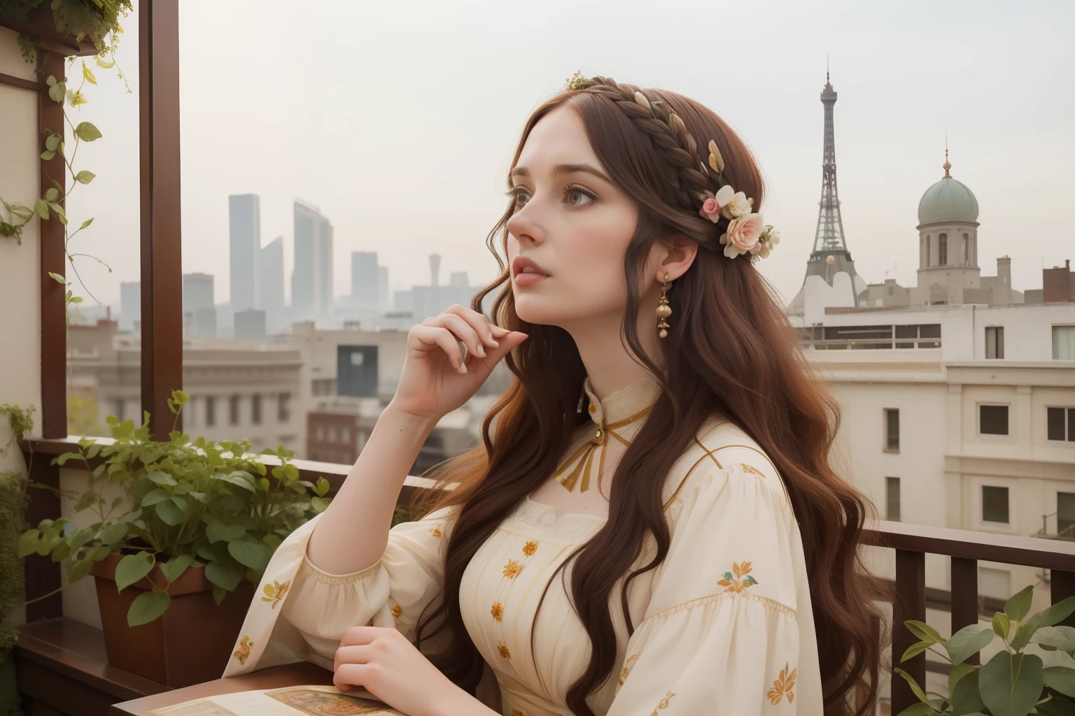 Request a captivating blend of Pre-Raphaelite allure and Wes Anderson's quirkiness: a woman in her mid-thirties, her hair adorned with handcrafted floral accessories, exploring a surreal, intricately designed urban rooftop garden.