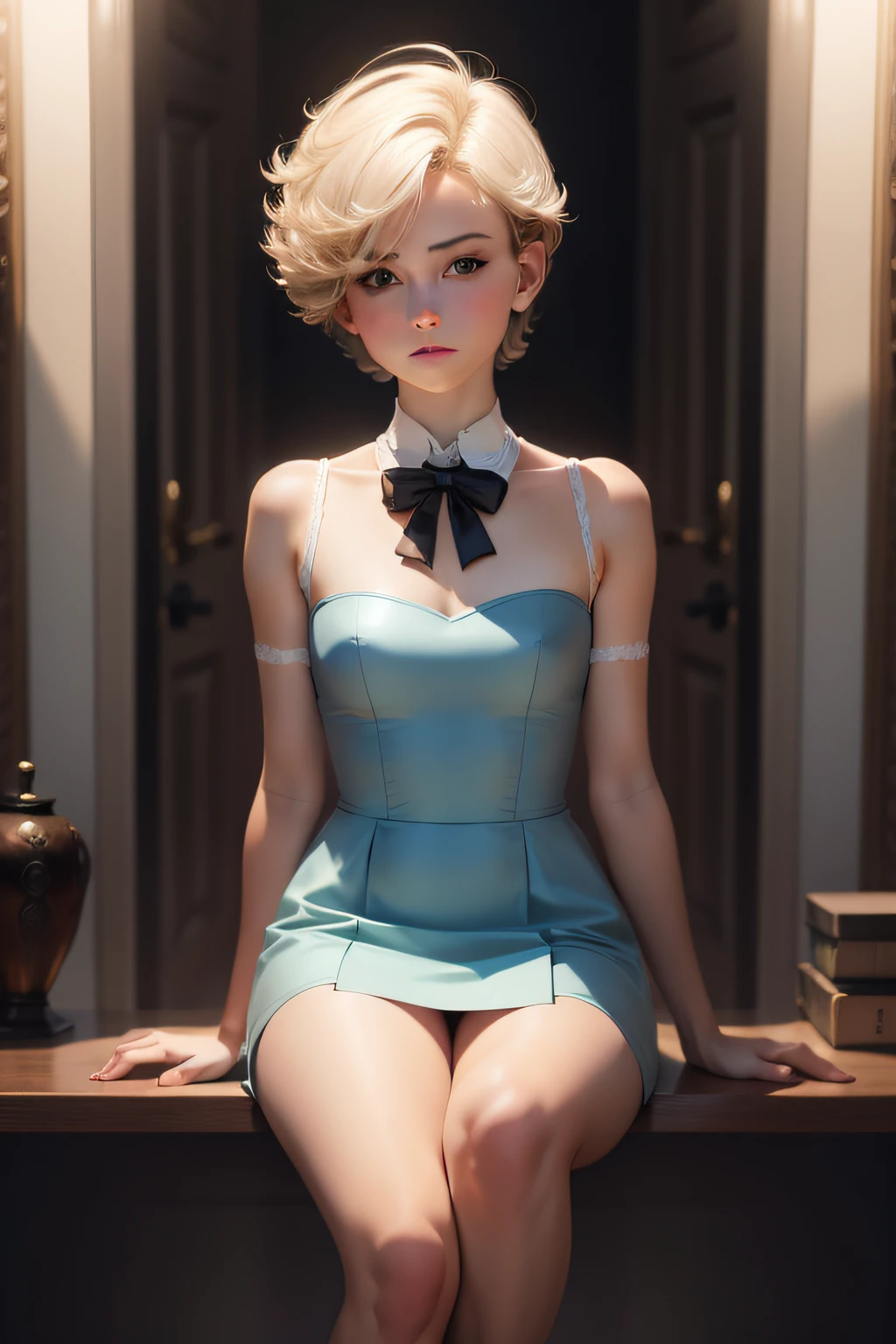 Blond haired woman sitting on a ledge in a blue dress - SeaArt AI