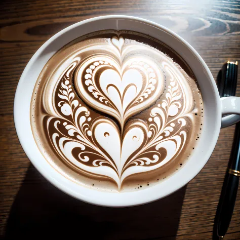 Latte art using white form:1.5, Butterfly latte art:1.5, a couple of coffee:1.3, intricate illustrations, delicate linework, fine details, whimsical patterns, enchanting scenes, dreamy visuals, captivating storytelling, BREAK, lettering art, creative typog...