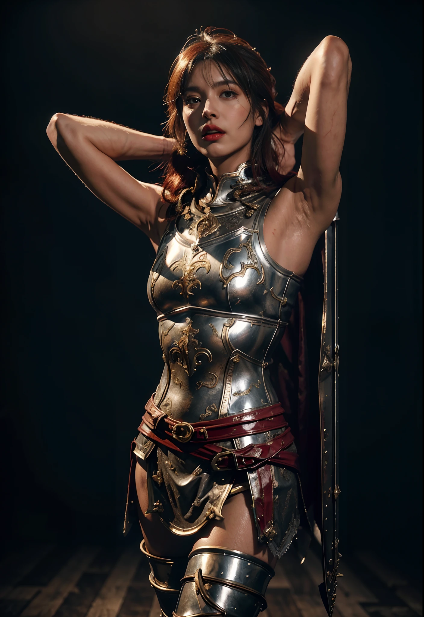 1fille,Beauté, seulement, Femme guerrière romaine avec casque rouge et cape, longs cheveux noirs, en colère, Fille extrêmement belle, maquillage subtil, heure d&#39;argent, photoréaliste, contraste élevé, 16K HD, détaillé, hyper-détaillé, texture de peau réaliste, cheveux roux, athlétique, meilleure qualité, ultra haute résolution, Photo brute, éclairage dramatique, Moteur irréel, lueur diffuse complexe et languette argentée, cape noire, champ de bataille,  debout