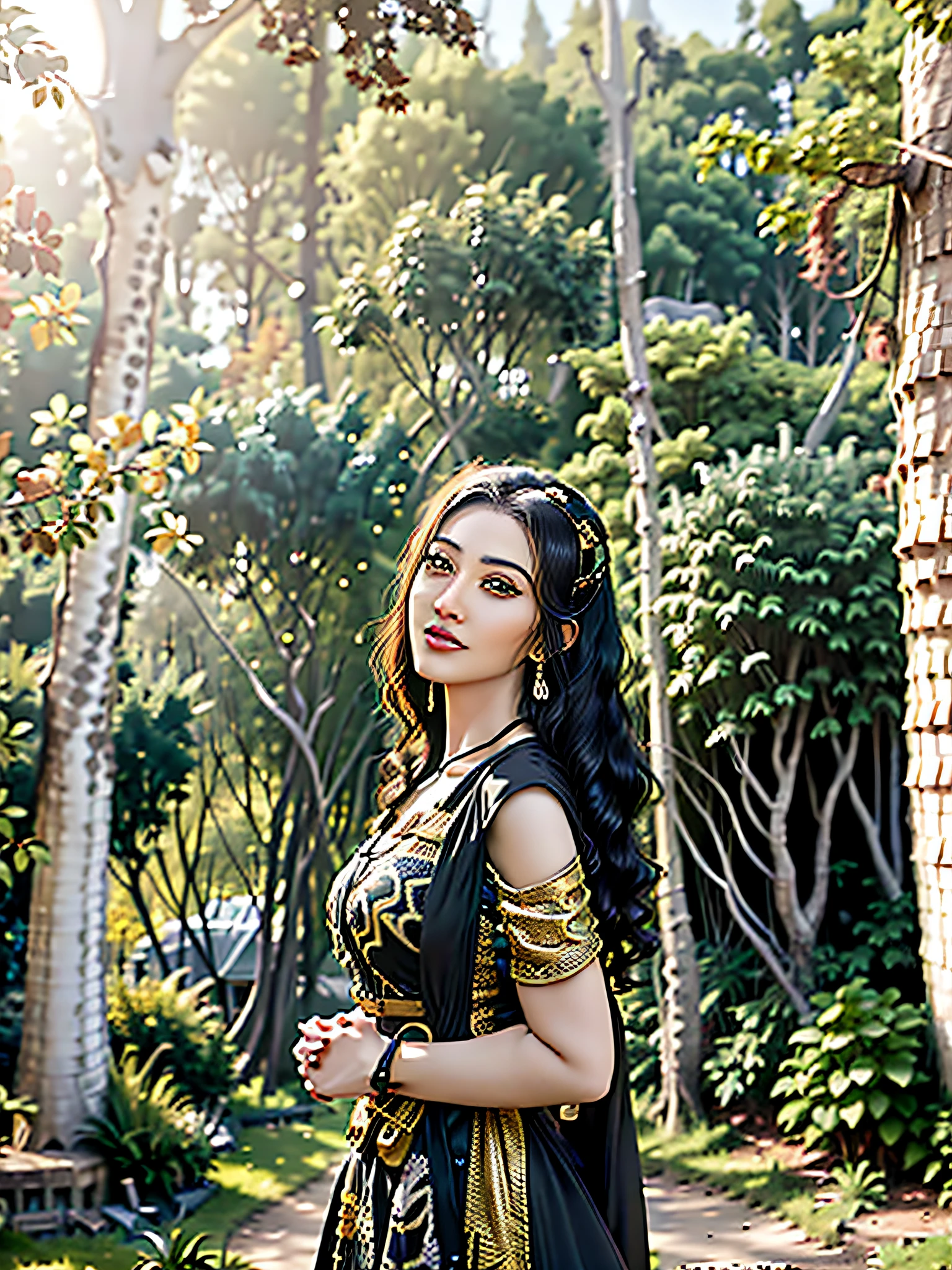 Una mujer jirafa con un vestido negro y dorado de pie en un parque, en el contexto de los árboles, frente a un fondo de bosque, tomada a principios de la década de 2020, capturado en canon eos r 6, con un árbol al fondo, como un personaje de fantasía medieval, foto de retrato, ameera griega al taweel, foto tomada con canon 5d