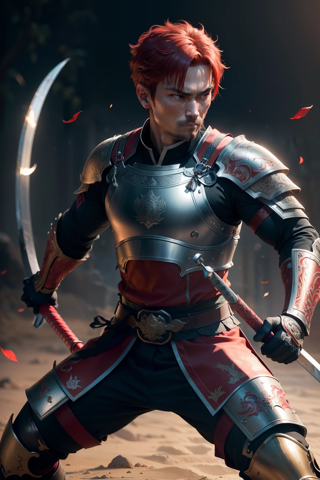 athletic man,chinese heritage,short red hair,dressed in samurai breastplate,wields a katana,longbow on back,blacksmith,(best quality,4k,8k,highres,masterpiece:1.2),ultra-detailed,(realistic,photorealistic,photo-realistic:1.37),portrait,concept artist,traditional chinese colors,studio lighting,sharp focus,vivid colors,metal armor,lush background,detailed engraving on armor,confident expression,radiant reds,warrior,classical pose,stoic demeanor,martial arts stance,minimalist composition,positional lighting,dynamic action,emotionally intense,exquisite craftsmanship,heroic figure,mysterious aura,traditional calligraphy,stern gaze