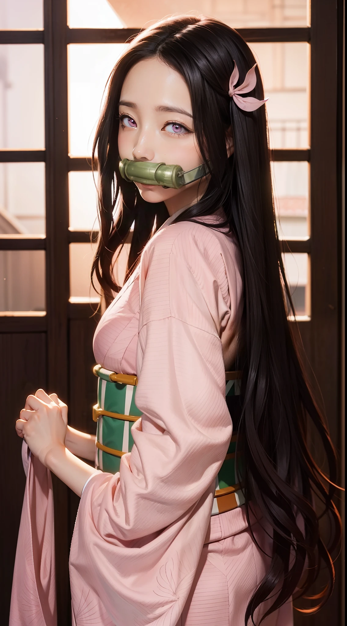 nezukokamado, nezuko kamado, bamboo, (bit gag:1.5), black hair, (forehead:1.5), gag, gagged, hair ribbon, long hair, multicolored hair, (pink eyes:1.5), orange hair, slit pupils, wavy hair, two-tone hair,
BREAK asa no ha (pattern), checkered sash, haori, japanese clothes, kimono, long sleeves, obi, pink kimono, sash, wariza,  wide sleeves,
BREAK looking at viewer,
BREAK indoors,
BREAK (masterpiece:1.2), best quality, high resolution, unity 8k wallpaper, (illustration:0.8), (beautiful detailed eyes:1.6), extremely detailed face, perfect lighting, extremely detailed CG, (perfect hands, perfect anatomy),