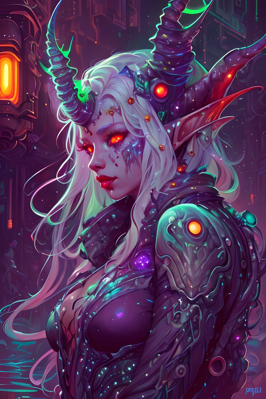 Amazing anatomy, (beautiful female Elf Biopunk), cowboy shot, biopunk city background, (slimy, organic, glistening, bioluminescence), (k ultra hd:1.1), (art by apterus, art by dan mumford, art by lovecraft:1.2), best quality, cgsociety, trending on ArtStation, white hair, horns, demon wings, juicy lips, red eyes