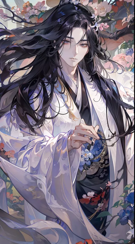 Anime characters with black hair and white horses, flowing hair and long robes, heise jinyao, beautiful male god of death, hands...