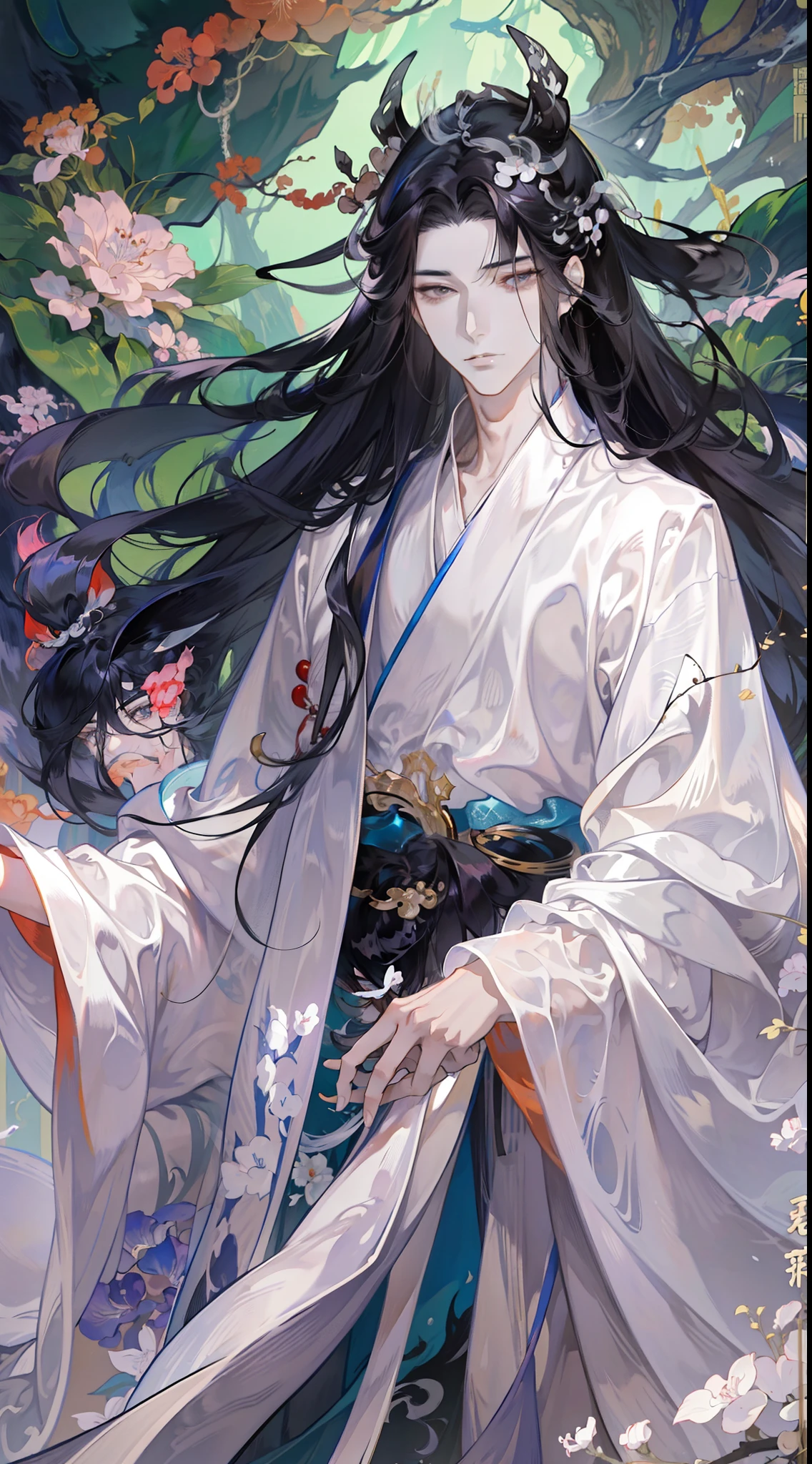 Anime characters with black hair and white horses, flowing hair and long robes, heise jinyao, beautiful male god of death, handsome guy in demon killer art, onmyoji portrait, Inspired by Seki Dosheng, by Yang J, zhao yun, Beautiful androgynous prince, Inspired by Bian Shoumin, Flowing white robe