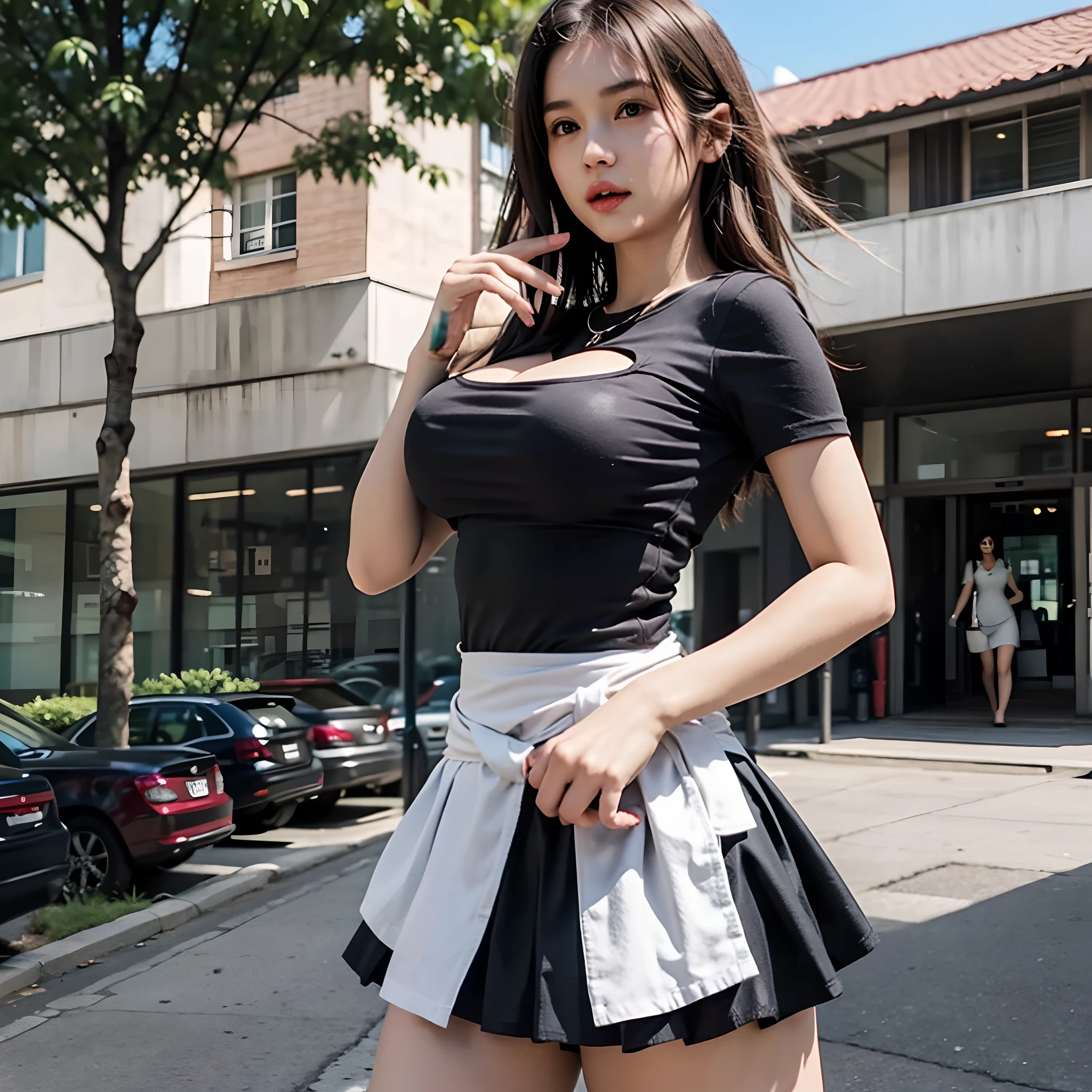 Araffed asian woman in a short skirt and black top - SeaArt AI