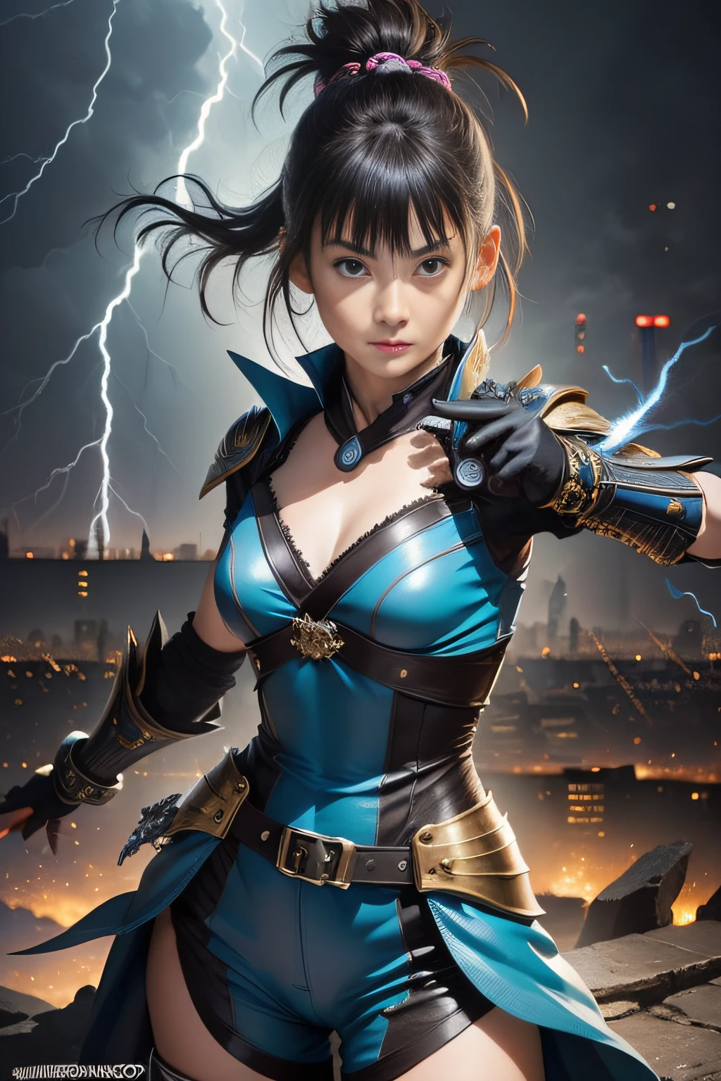 the background is city,1girl,solo,full body,ninja costume,Aura of thunder and lightning,fighting,(detailed face,detailed hands,detailed eyes,detailed fingers:1.2),(hyperdetail,illustration,picture:1.2)