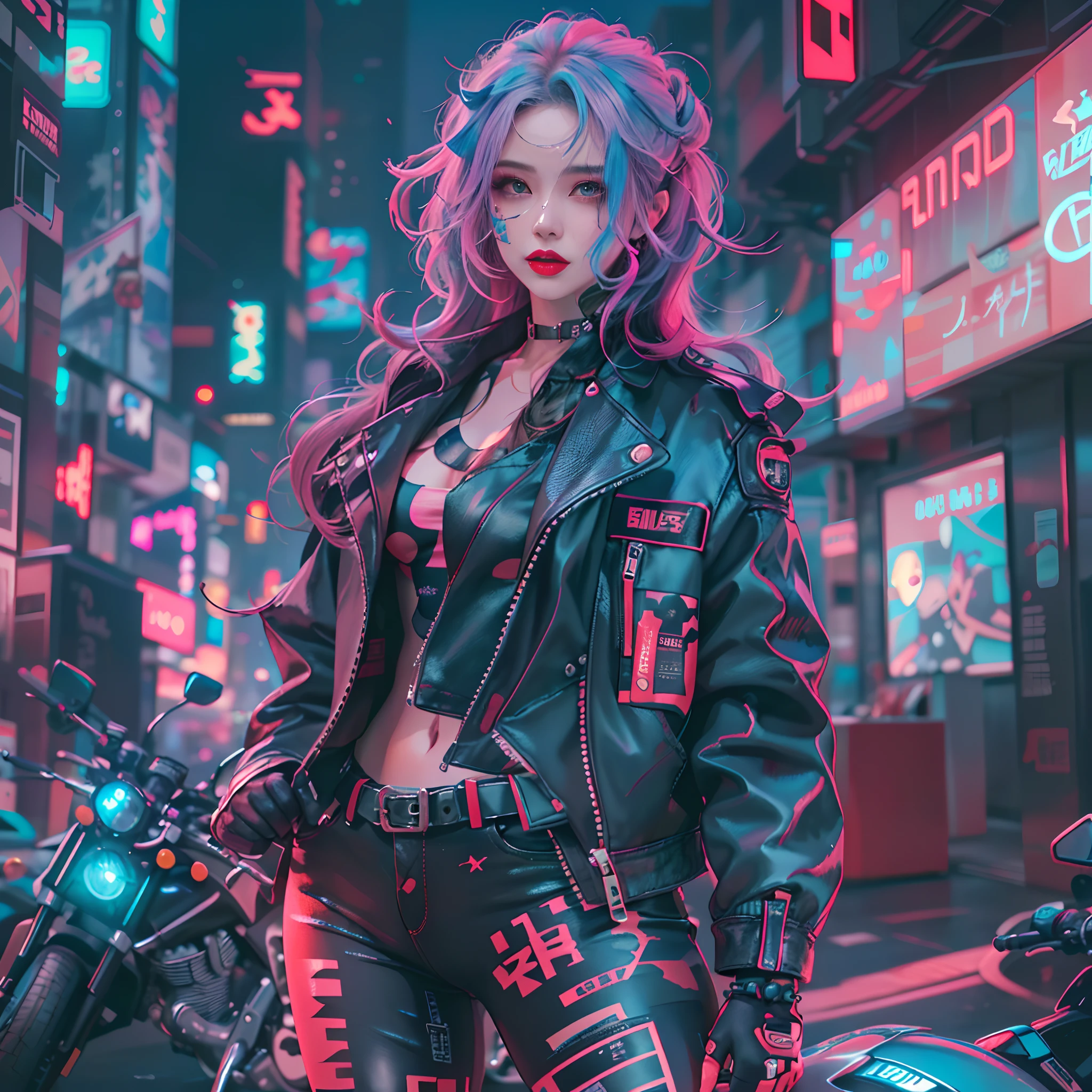 masterpiece, best quality, Confident cyberpunk girl, full body shot, ((standing in front of motorcycle)), Harajuku-inspired pop outfit, bold colors and patterns, eye-catching accessories, trendy and innovative hairstyle, vibrant makeup, Cyberpunk dazzling cityscape, skyscrapers, neon signs, LED lights, bright and vivid color scheme, anime, illustration, detailed skin texture, detailed cloth texture, beautiful detailed face, intricate details, ultra detailed.