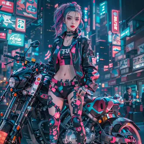masterpiece, best quality, Confident cyberpunk girl, full body shot, ((standing in front of motorcycle)), Harajuku-inspired pop outfit, bold colors and patterns, eye-catching accessories, trendy and innovative hairstyle, vibrant makeup, Cyberpunk dazzling ...