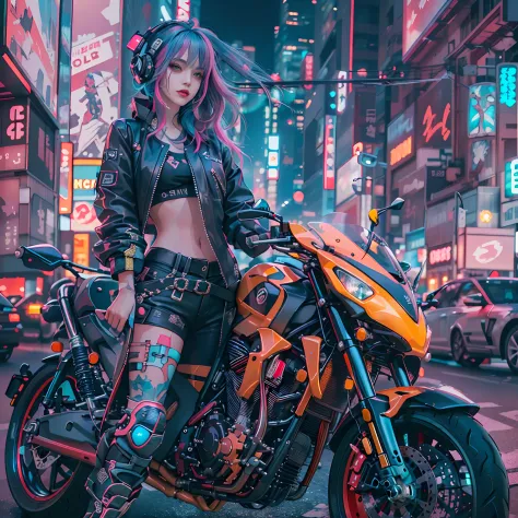 masterpiece, best quality, Confident cyberpunk girl, full body shot, ((standing in front of motorcycle)), Harajuku-inspired pop outfit, bold colors and patterns, eye-catching accessories, trendy and innovative hairstyle, vibrant makeup, Cyberpunk dazzling ...