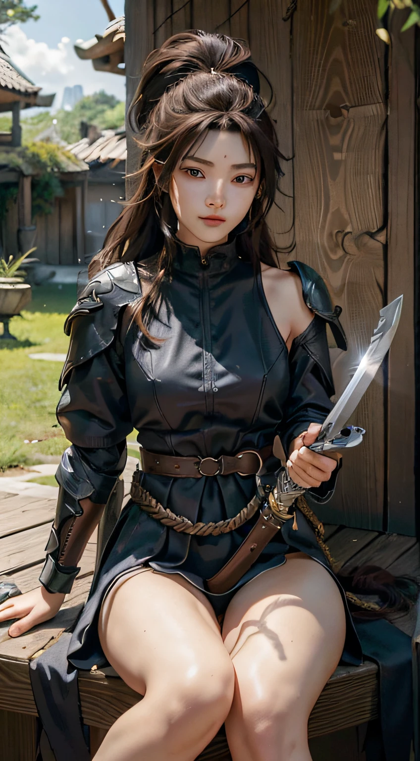 Yaso、League of Legends、yasuo_(lize_In the_legends)、1 juvenile、arma、Male Focus、The sword、facial hairs、独奏、a beard、scabbard、poneyTail、brown haired、ngel、length hair、arma、s Armor、Brown-eyed、outside of house、holds a sword、Knives、musculature、The tree、looking at the spectator、lifelike rendering、​masterpiece, top-quality, hightquality, hight resolution, Wearing black clothes、Show the thighs visible through the slit、(sit down and open legs)