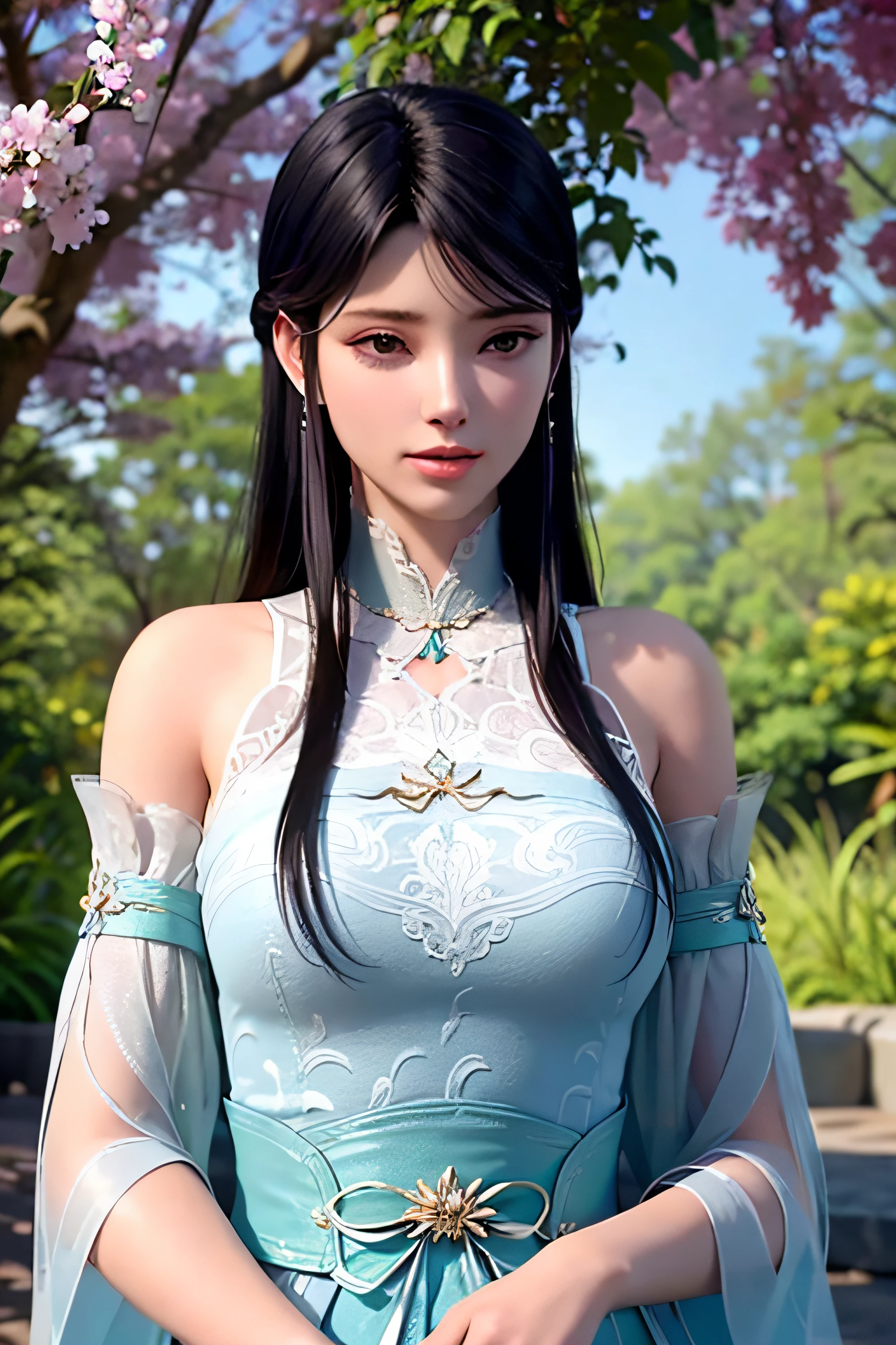xuner,
(crystalstexture skin:1.2), (Extremely delicate and beautiful),
1girll, Solo, jewelry, Long hair,Bare shoulders, Black hair, view the viewer,Earrings,  detailed lace, Lace, White skin, Pale skin, 。.3D, (Large breasts:1.2), hair adornments,  Soft lighting, Natural lighting, day, sky, wisteria, Outdoors