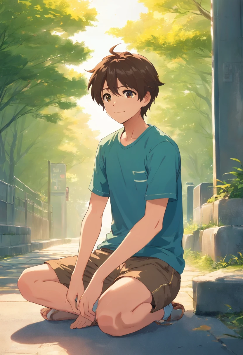 depiction: Tom is a 6 year old boy，with short brown hair，Tall, Curious brown eyes. He wears a blue T-shirt and green shorts.
Pose 1: Tom stood, Excitedly looking at something in the distance.
Pose 2: Tom sat on the ground, Smile and read.
Pose 3: Tom hugged his knees to his chest, Looks a little sad.
Pose 4: Tom waved goodbye, His face was full of happiness.