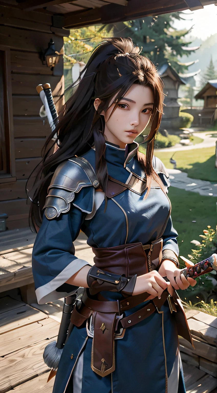 Yaso、League of Legends、yasuo_(lize_In the_legends)、1 juvenile、arma、Male Focus、The sword、facial hairs、独奏、a beard、scabbard、poneyTail、brown haired、ngel、length hair、arma、s Armor、Brown-eyed、outside of house、holds a sword、Knives、musculature、The tree、looking at the spectator、lifelike rendering、​masterpiece, top-quality, hightquality, hight resolution,