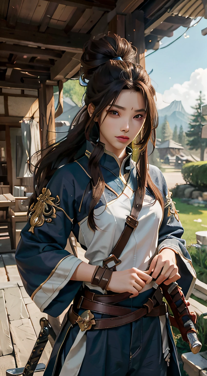 Yaso、League of Legends、yasuo_(lize_In the_legends)、1 juvenile、arma、Male Focus、The sword、facial hairs、独奏、a beard、scabbard、poneyTail、brown haired、ngel、length hair、arma、s Armor、Brown-eyed、outside of house、holds a sword、Knives、musculature、The tree、looking at the spectator、lifelike rendering、​masterpiece, top-quality, hightquality, hight resolution,