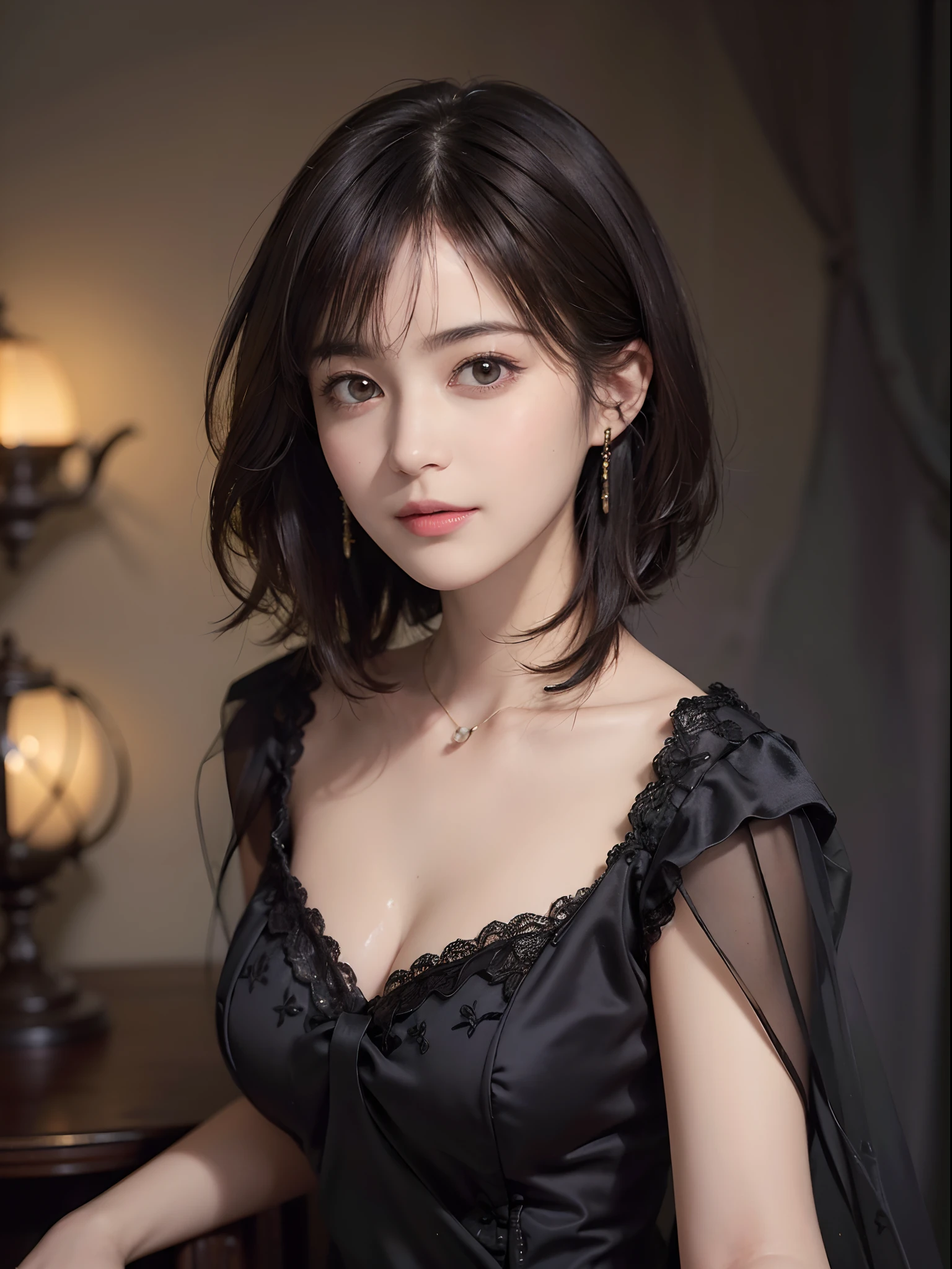 (Masterpiece:1.3), (8K picture quality), Photorealsitic, Raw photo,  (Best Quality: 1.4), (1womanl), Pretty Face, (Realistic face), (A dark-haired, Short hair:1.3), Beautiful hairstyle, ((Breast-breast)), Ultra-detailed resolution, the golden ratio, , depth of fields, Filming a movie, A slight smil, soap bubbles, Oil painting, Rembrandt, Light and Darkness, ((Contrasty))