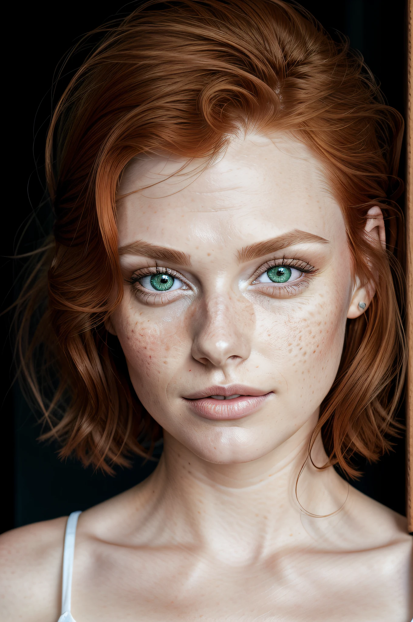 (close-up editorial photo of 20 yo woman, ginger hair, slim American sweetheart), (freckles:0.8), (lips parted), realistic green eyes, POV, realistic[:, (film grain, 25mm, f/1.2, dof, bokeh, beautiful symmetrical face, perfect sparkling eyes, well defined pupils, high contrast eyes, ultra detailed skin, skin pores, vellus hair, fabric stitching, fabric texture, wood grain, stone texture, finely detailed features:1):0.9]