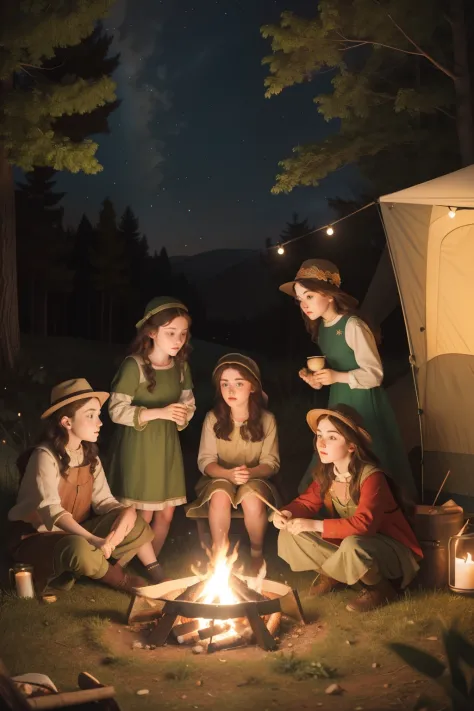 Date: 2021
Description:
Capture a Pre-Raphaelite-inspired scene of a group of tween friends dressed in modern camping attire, sh...