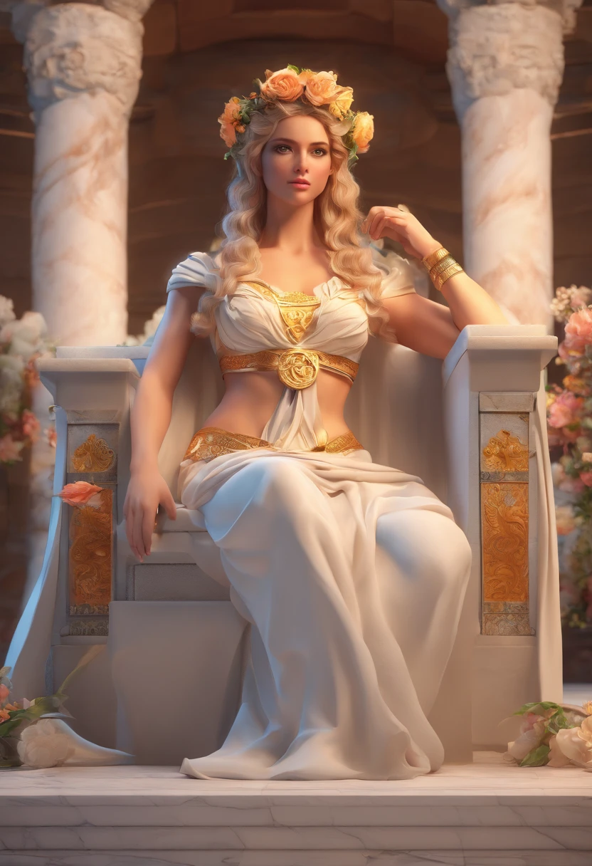 Greek goddess Aphrodite, serious and sexy face, has a face of supernatural beauty and short curly blonde hair decorated with flowers, as well as blue eyes. (perfect anatomy) , (perfect eyes) Her figure is extremely voluptuous, Gigantic breasts, Heavy breasts, Hip fitness, Cracked abdominal muscle, White silk dress, big abs muscle, she sits on her great throne of Greek marble, work of art.