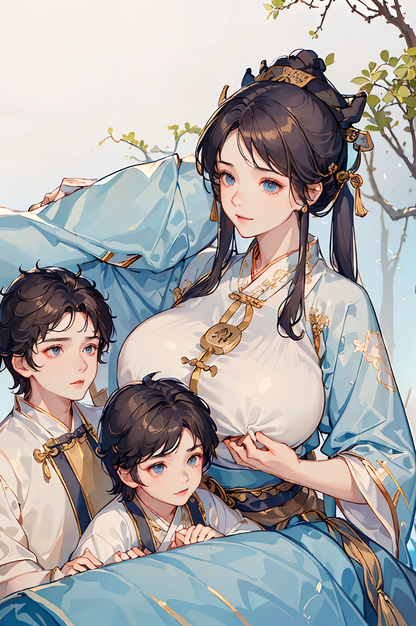 Best picture quality，8K, )，(Close-up)，(Han clothing, Hanfu :1.5)，(Mother and son together:1.7) 1girll，Grasp with your hands，hug，(A ten-year-old boy:1.5)，(1boys:1.3)，{26-year-old lactating woman}，  (Huge breasts:1.6), (Areola:1.4)，ssmile，In a tea house，east asian architecture