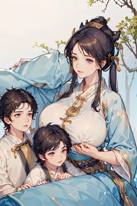 best picture quality，8k, )，(close-up)，(han clothing, hanfu :1.5)，(mother and son together:1.7) 1girll，grasp with your hands，hug，...