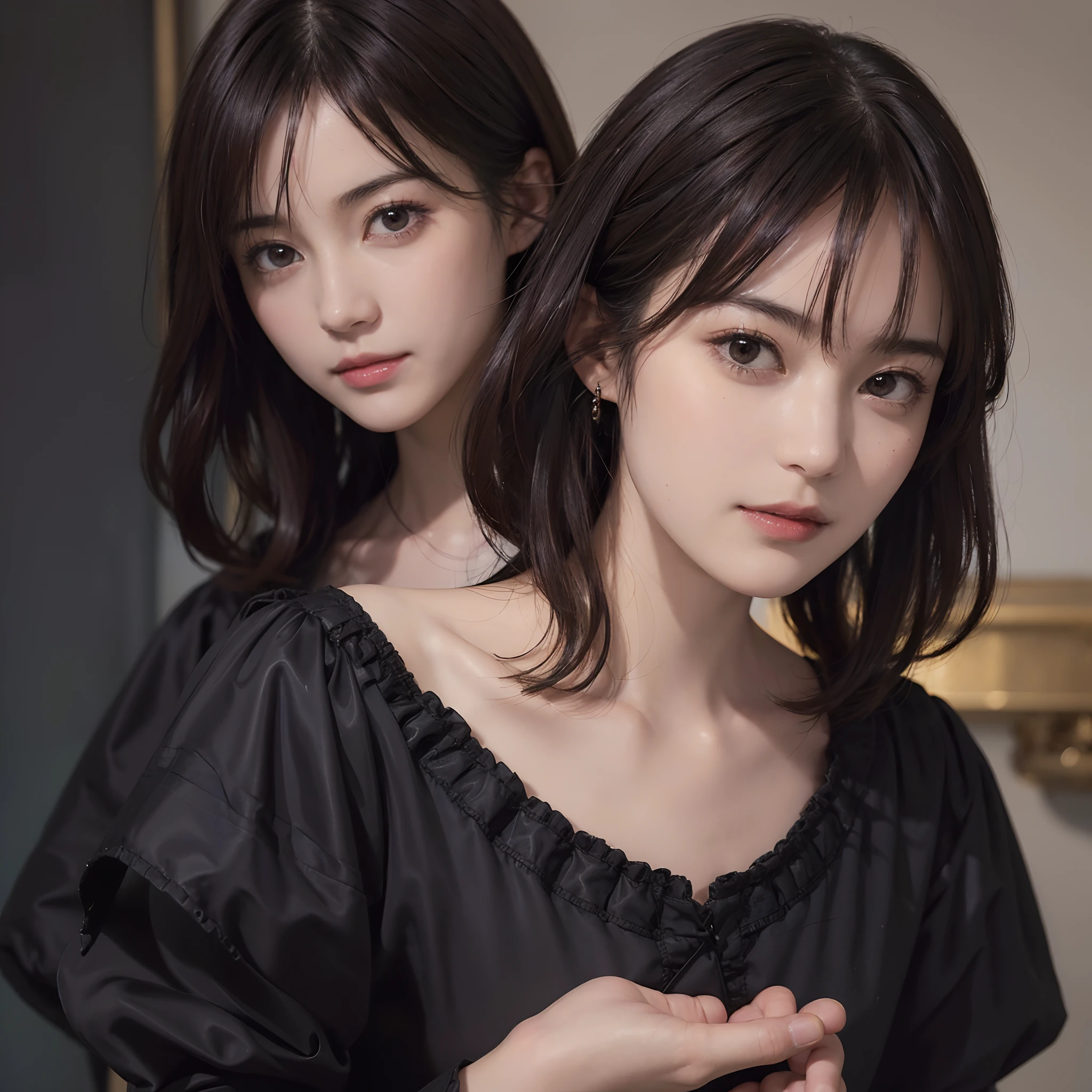 (masutepiece:1.3), (8K picture quality), Photorealsitic, Raw photo,  (Best Quality: 1.4), (1womanl), Pretty Face, (Realistic face), (A dark-haired, Short hair:1.3), Beautiful hairstyle, ((Chest chest)), Ultra-high definition resolution, the golden ratio, , depth of fields, Filming a movie, A slight smil, Soap bubbles, Oil Painting, Rembrandt, Light and Darkness, ((Contrasty))