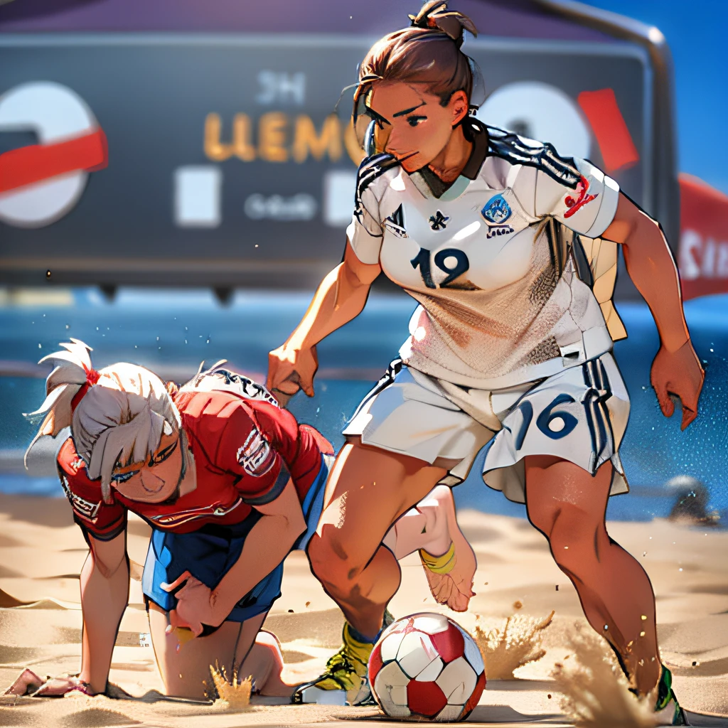 there are two women playing soccer on the sand in the sand, alexey egorov, marta syrko, aleksandra waliszewska, simona sbaffi is the captain, laura sava, viktoria gavrilenko, elena masci, sergey zabelin, sanja stikovic, woman, martina fackova, malika favre