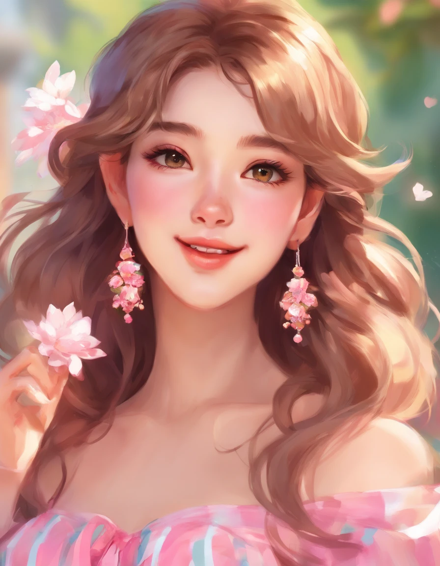 a closeup of a Caucasian woman in a pink striped dress posing for a photo, woman has very pretty eyes, wavy brown hair, she is wearing earrings, digital art from a digital painting, elegant and elegant, strapless dress, Art in the style of Guweiz, Loli de dressed, wearing an elegant dress, shy and demure, soft digital painting, in Bowater art style, detailed dress and face, Artgerm. high detail ,anime